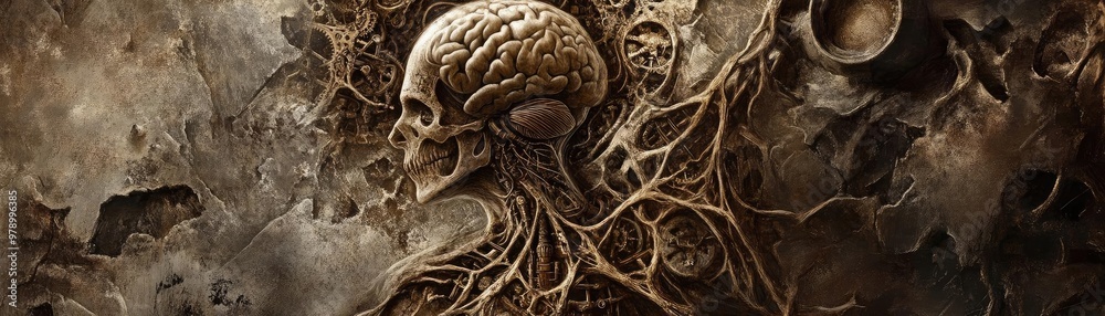 Aufkleber an intricate illustration of a skull intertwined with roots, symbolizing a haunting connection betwe