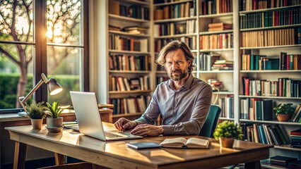 A personal portrait of a writer sitting at a desk in a home office, with a blurred backdrop of bookshelves.