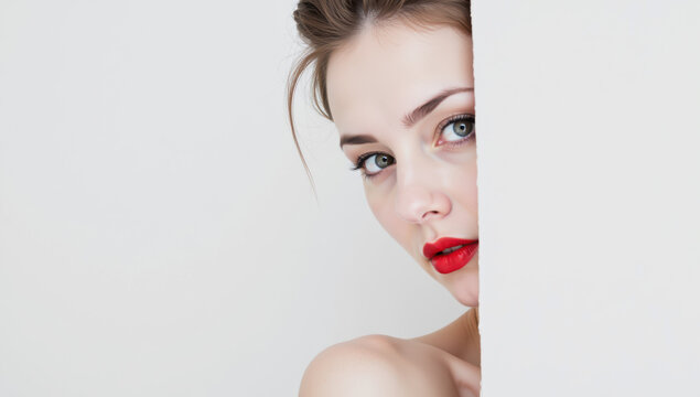 Close-up of a woman with striking red lips peeking from behind a white background in a minimalist artistic portrait