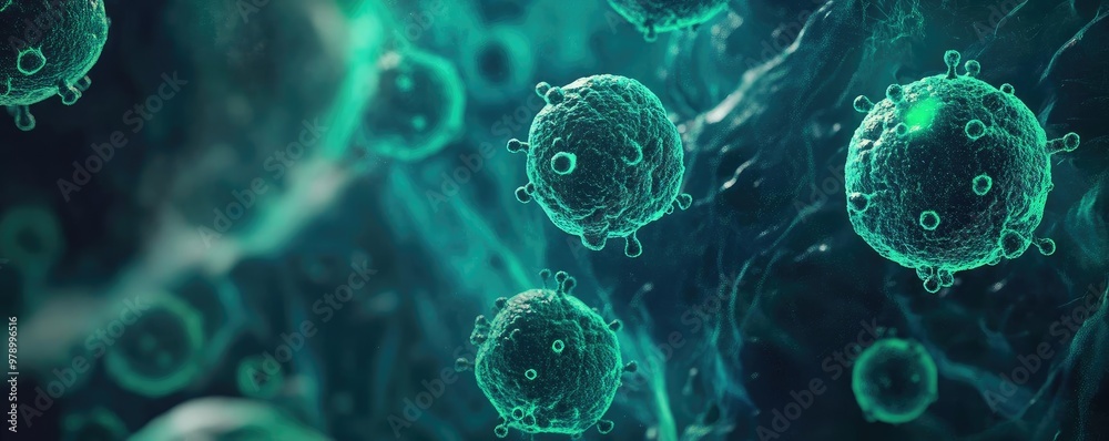 Poster a detailed microscopic view of cells showcasing vibrant green structures, illustrating the complexit