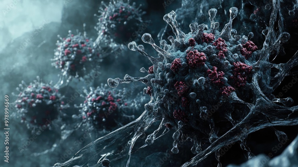 Poster Detailed depiction of virus structure showcasing intricate features and unique characteristics in a scientific environment.