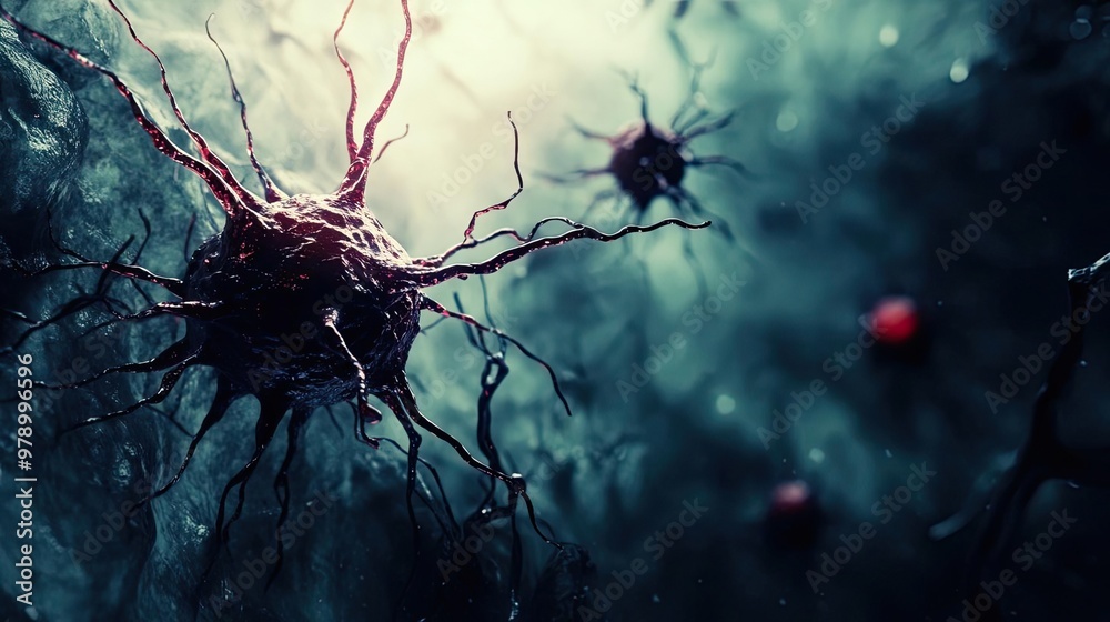 Poster Intricate depiction of cells in a dark, ethereal environment, showcasing the complexity of microscopic life forms.