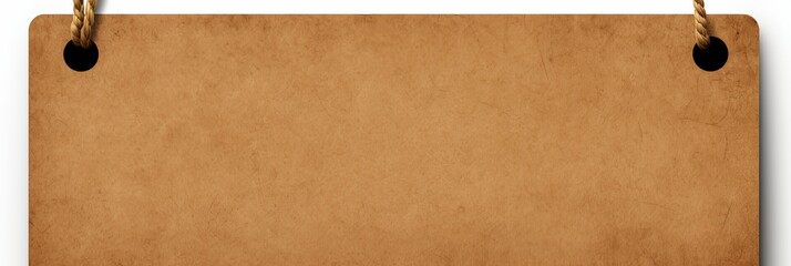 Blank brown hanging sign made of cardboard with rope on a white background