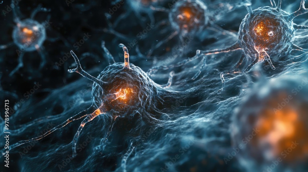 Poster stunning close-up of glowing cells showcasing intricate structures and vibrant colors in a scientifi