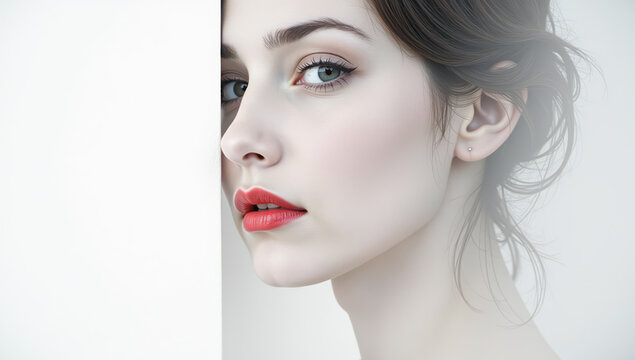 Elegant portrait of a woman with soft makeup and red lips in a minimalist setting with a white background