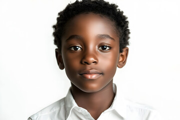 A close-up portrait of an African small boy with black skin against a white background
