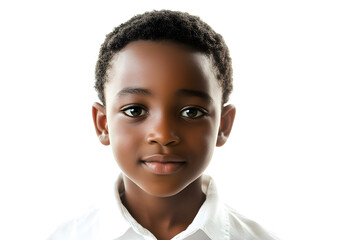 A close-up portrait of an African small boy with black skin against a white background