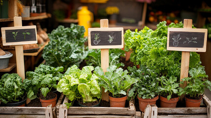 Fototapeta premium Vibrant green crops in a rustic market setting