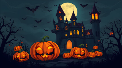 Spooky halloween illustration, pumpkins castle, dark, cartoon style for kids. High quality photo. Generative AI