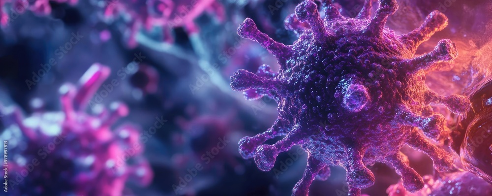 Poster Colorful close-up of a virus structure, showcasing intricate details and textures in a microscopic view of pathogens.