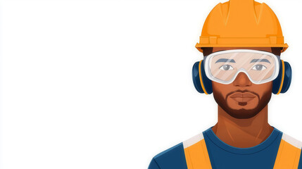 Fototapeta premium Worker with safety goggles and ear protection, industrial setting, flat design illustration