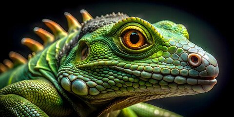 Obraz premium A detailed photo of a green-scaled reptilian creature with sharp claws and yellow eyes , Reptile, Lizard, Creature