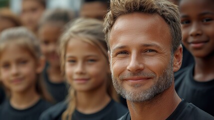 Fototapeta premium Happy Male Coach with Youth Sports Team