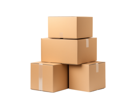 Stacks of brown cardboard boxes on a white background, ideal for ideas about storage or packaging. neutral, functional, secluded, and well organized. Generative AI