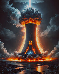 Nuclear power plant explosion with smoke and flames. 3d illustration