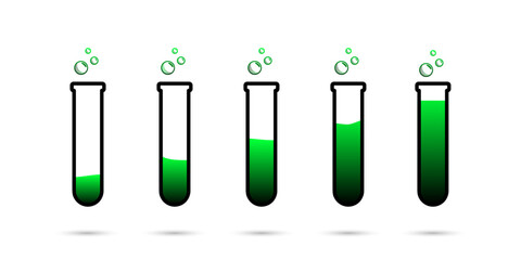 Set of glass bottles. Different color potion flat style on white background. Vector illustration. Design elements for game collection.