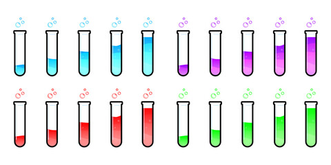 Set of glass bottles. Different color potion flat style on white background. Vector illustration. Design elements for game collection.