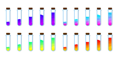 Set of glass bottles. Different color potion flat style on white background. Vector illustration. Design elements for game collection.