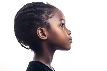 A close-up side view portrait of an African child girl with black skin against a white background,