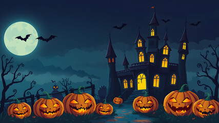 Spooky halloween illustration, pumpkins castle, dark, cartoon style for kids. High quality photo. Generative AI