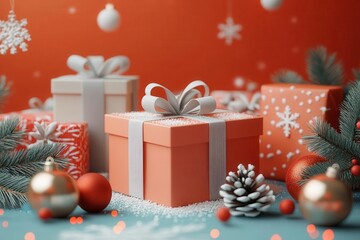 Festive Christmas gifts wrapped in vibrant paper with ribbons, surrounded by ornaments, pinecones, and festive decorations on a snowy surface.