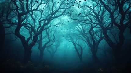 Obraz premium A haunted forest with twisted, skeletal trees, glowing vampire eyes peering through the darkness as bats swarm overhead