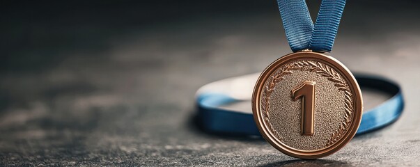 bronze medal with a blue ribbon, symbolizing achievement and victory in competitions and sports events.