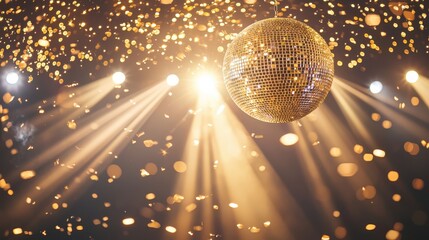 Golden Disco Ball with Confetti and Spotlights