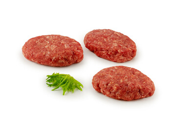 Minced meat cutlets, fresh minced meat, beef, raw cutlets, on a white background, isolated