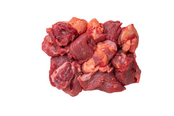 Meat pieces, fresh, raw meat on white background, top view, isolated