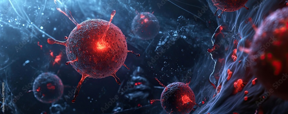 Poster abstract representation of virus particles in a dark, illuminated environment, showcasing intricate 