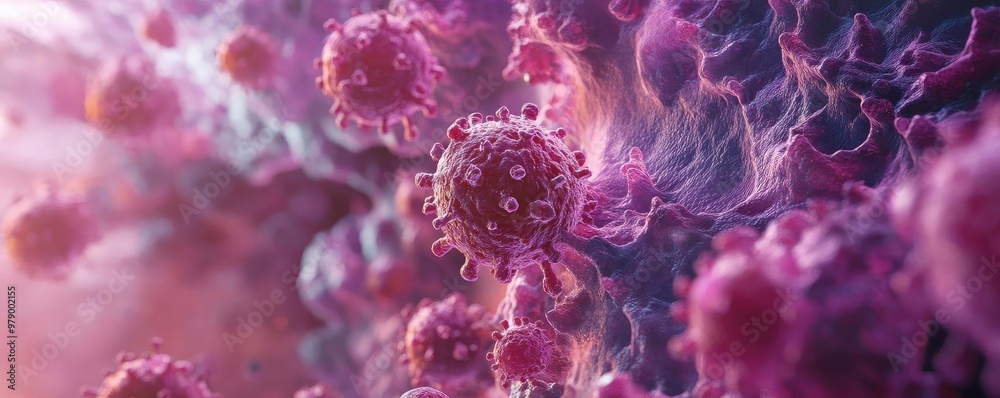 Poster vibrant illustration of virus particles, showcasing intricate details and textures in a captivating 