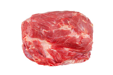 Piece of meat, pork neck, raw meat, top view on a white background, isolated