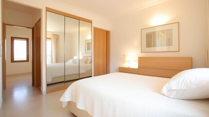 Modern Bedroom Interior with White Bedding and Wooden Headboard