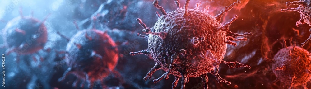 Poster microscopic view of a virus with intricate details and vibrant colors, showcasing the complexity of 