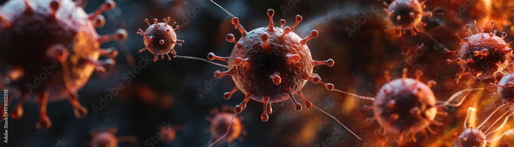 Poster close-up view of microscopic virus cells in vivid colors, showcasing intricate details and potential