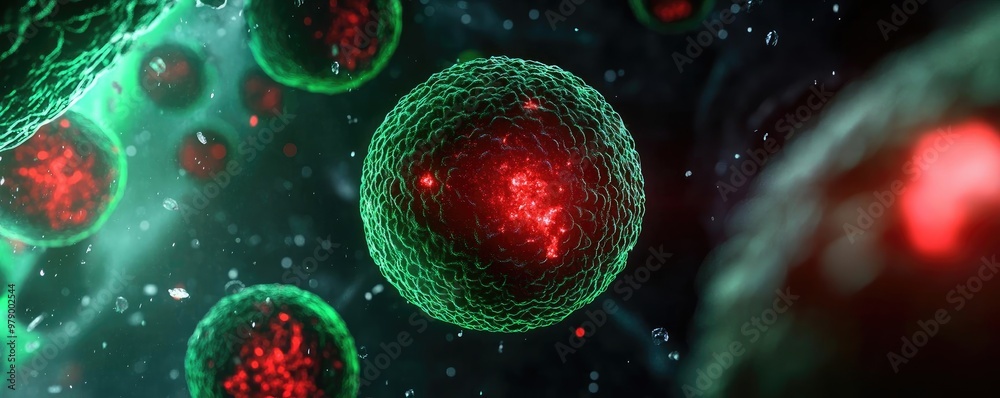 Poster Close-up of vibrant cells displaying intricate structures and glowing elements, showcasing the beauty of microscopic life.