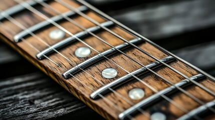 Close-up of a wooden guitar neck with metal frets.