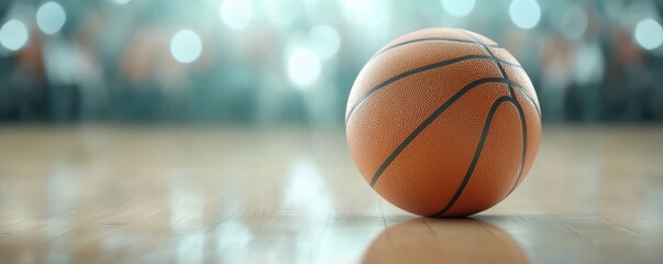 basketball on the court with a blurred background, perfect for sports themes and athletic promotions.