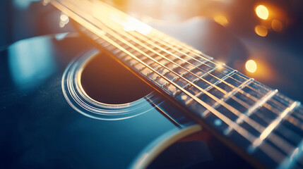 Naklejka premium Close-up of an elegant black acoustic guitar.