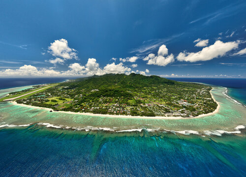 Aerial view of tropical paradise island with turquoise ocean and scenic coastline, Rarotonga, Cook Islands.