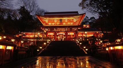 Obraz premium Illuminated Japanese Temple at Night with Stone Steps and Lantern Lights