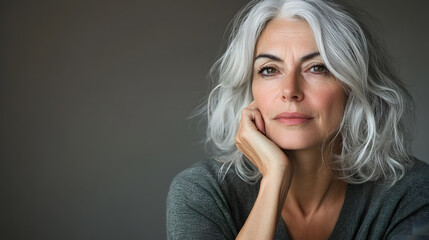 Naklejka premium Close up mature woman with gracefully flowing grey hair