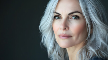 Naklejka premium Close up mature woman with gracefully flowing grey hair