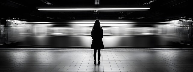 A woman stands on the platform of an underground station, holding her handbag and waiting for the train to arrive