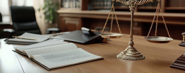 A professional law office setting with a scale of justice, legal documents, and a modern workspace, perfect for legal themes.