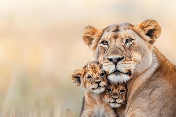 Obraz premium A lioness gently nuzzling her cubs in the golden African savannah, the essence of maternal love on full display