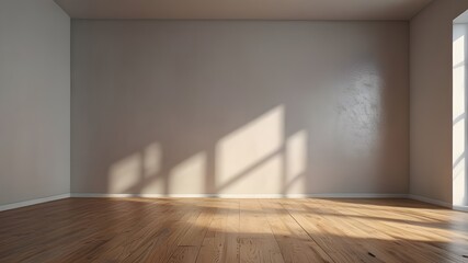 Obraz premium Creative interior concept. Abstract white light room and oak wooden flooring with interesting light shadow from window. Template for product presentation. Mock up 3D rendering