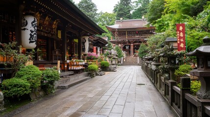 Fototapeta premium Stone Pathway Leading to Traditional Japanese Temple with Lanterns and Green Trees