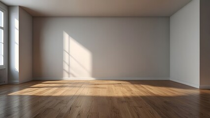 Fototapeta premium Creative interior concept. Abstract white light room and oak wooden flooring with interesting light shadow from window. Template for product presentation. Mock up 3D rendering